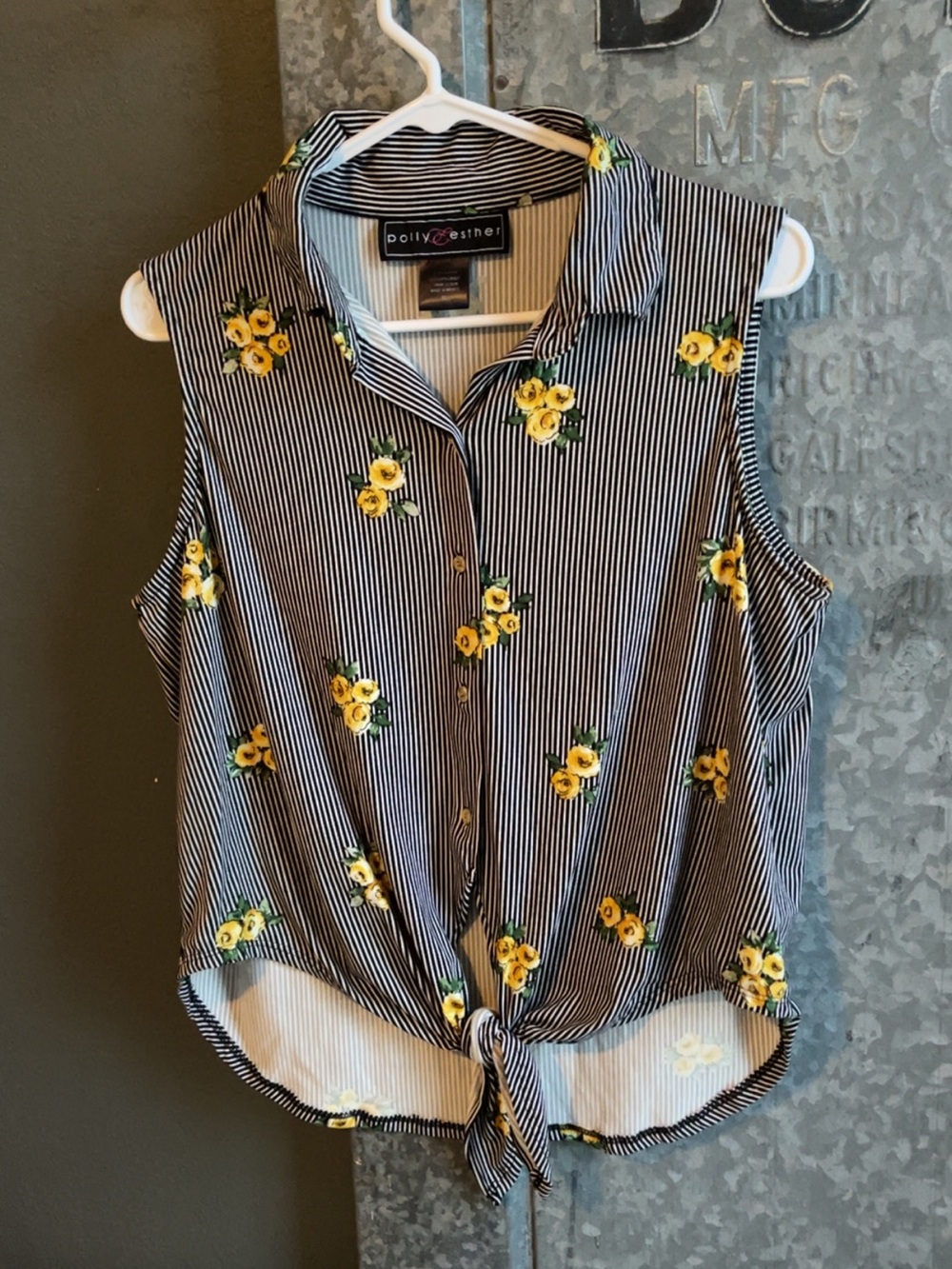 Polly & Esther Black Stripe Sleeveless Tie-Front Top with Yellow Floral Print